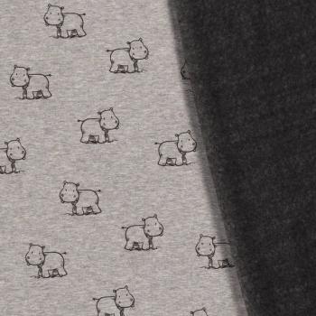 Preview: 1,70 m Alpenfleece Druck Nilpferde auf Hellgrau-melliert